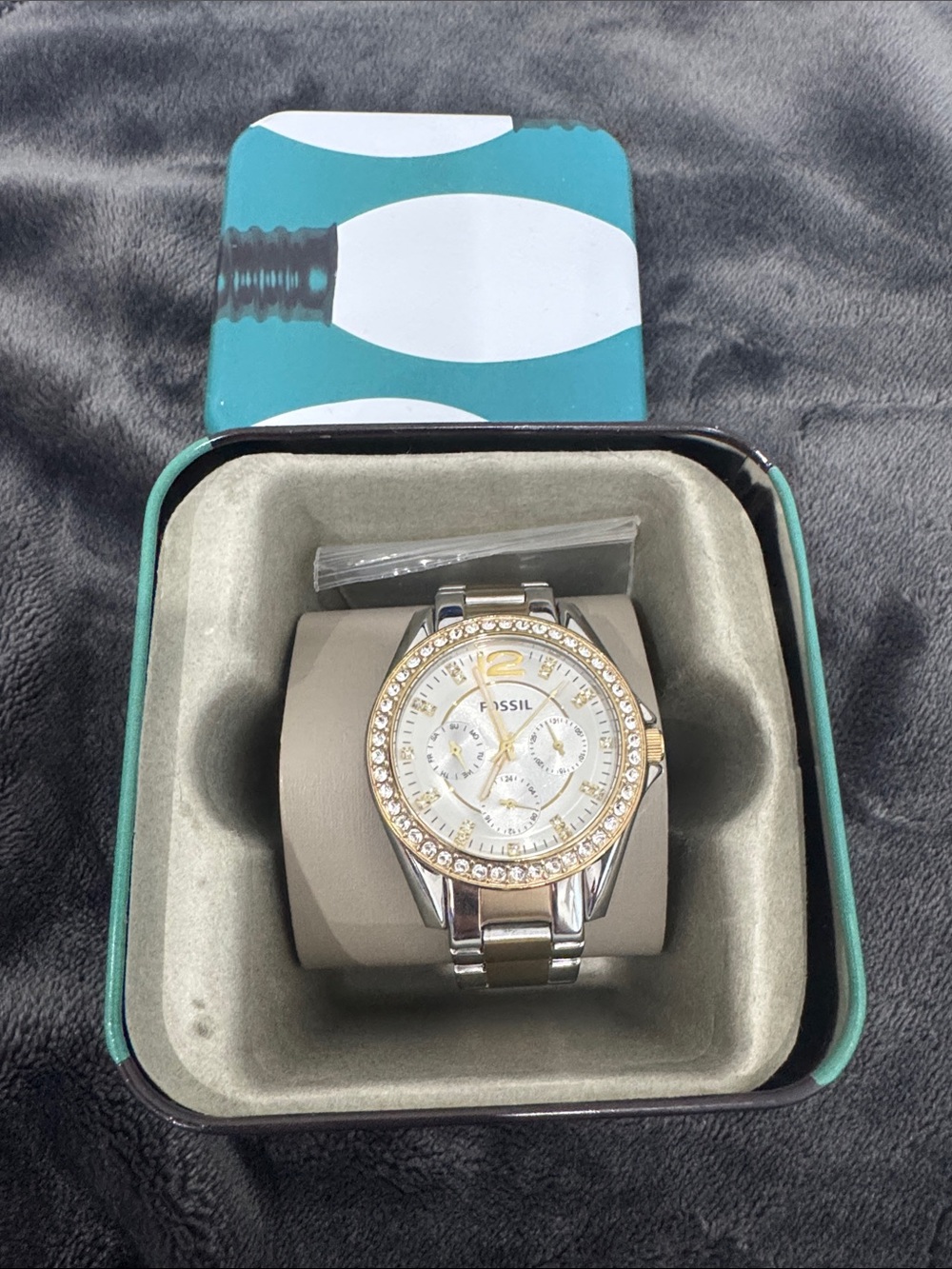 Fossil Two-Tone Silver and Gold Crystal Bezel Women's Watch - Picture 5 of 7